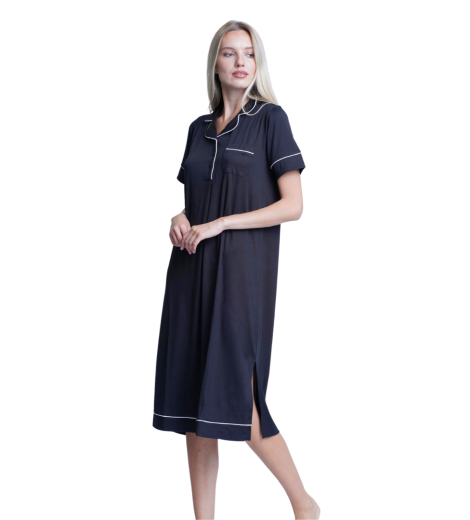 Women notch collar short-sleeve black long top with white piping